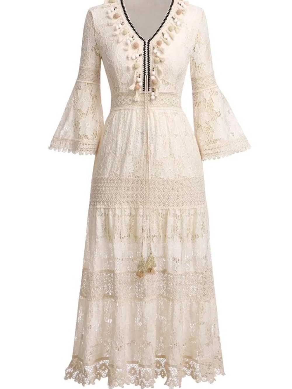 Boho Cream Lace Maxi Dress Pom Pom Tassels Tiered Long Sleeve Bohemian Festival